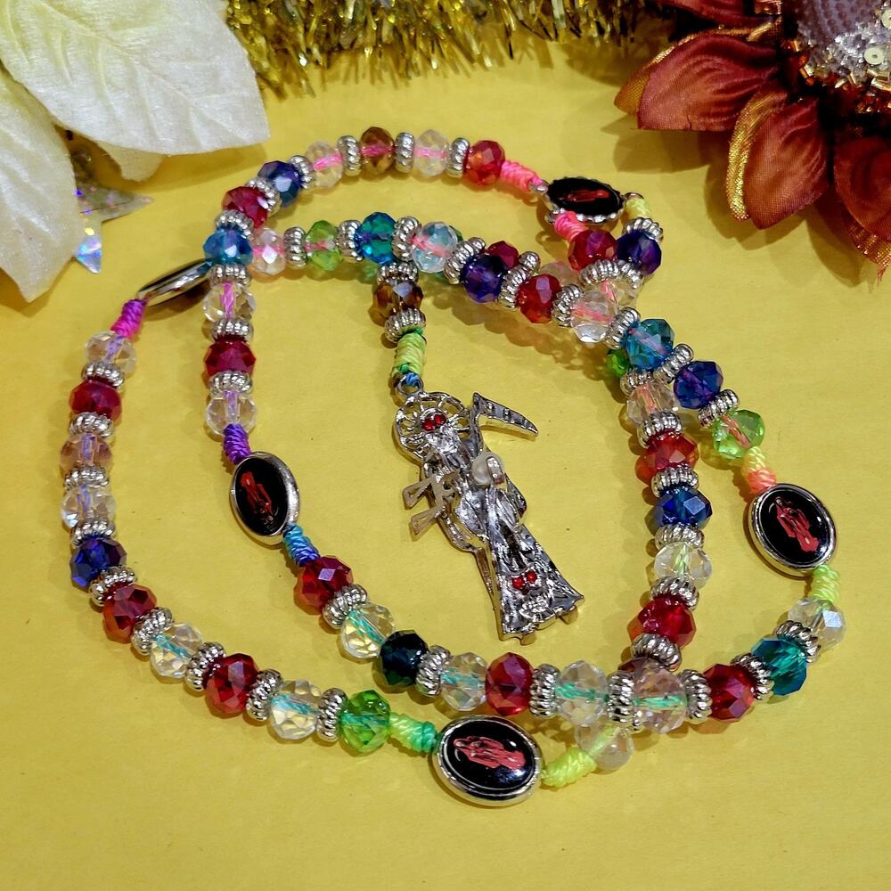 Santa Muerte Rosary crystal beads Rosario 10mm 2 sided shiny multicolored